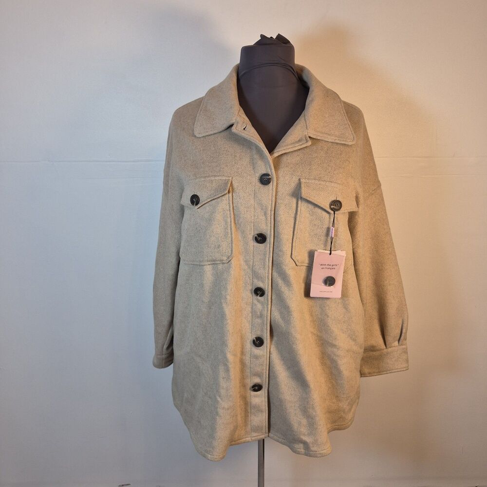 Avec Les Filles Women's Wool Blend Shirt Jacket Oat Beige Shacket Flap Pockets